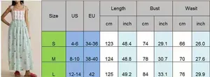 Size chart for women's floral maxi dress with bust and waist measurements in cm and inches