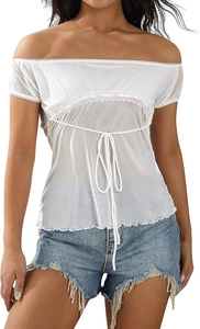 Detail of off-shoulder white mesh top featuring delicate lace trim and adjustable drawstring