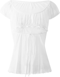Close-up of white mesh lace top with bow detail, puff sleeves and elegant waist design