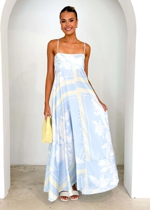 Detail of floral backless sundress with thin straps and silky high waist A-line skirt
