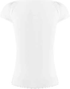 White cap sleeve lace top featuring a pleated neckline and wavy lettuce hem detail