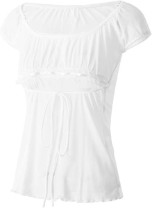 Detail of white mesh lace top featuring front tie bow and elegant ruffled hemline