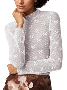 Elegant white long sleeve turtleneck lace top with delicate bow tie jacquard pattern