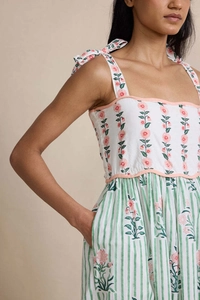 Detail of bohemian tiered floral maxi dress with tie-up straps and ruffled neckline