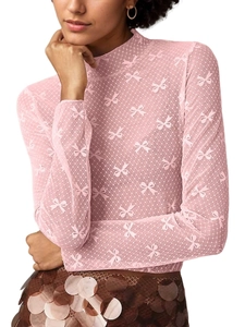 Zartrosa transparentes Mesh-Oberteil mit weißen Schleifenmustern und elegantem Stehkragen
