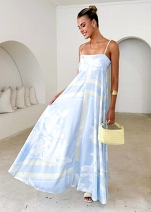 Detail of blue floral print summer dress with thin straps and smooth satin texture