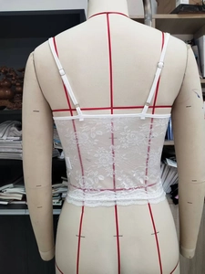 Détail d'un caraco blanc en dentelle florale avec bordure en dentelle cil délicate