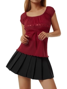 Women Sexy Mesh Lace Top Sweet Retro Sheer Drawstring Bow Blouse Short Sleeve Lettuce Trim Slim Fit Fashion Streetwear