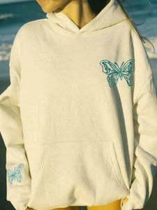 Women Butterfly Embroidered Hoodie Fleece Lined Loose Pullover Sweatshirt Casual Long Sleeve Streetwear Hooded Top Sweatshirt