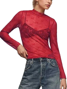 Sexy sheer red lace mesh top with bow pattern, slim fit long sleeve shirt for women