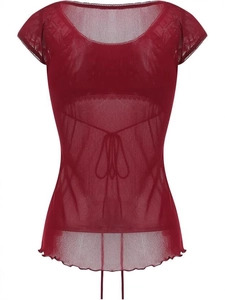 Elegant dark red lace mesh top for women with waist drawstring and bow detail