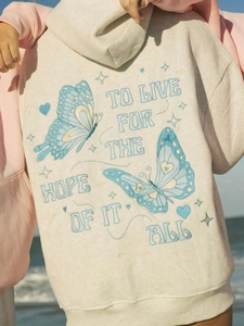 Oatmeal heather embroidered hoodie featuring blue butterflies and quote design