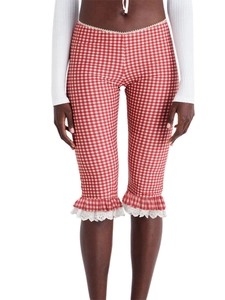 Women Gingham Capri Pants With Lace Trim Ruffle Hem High Waist Elastic Slim Fit Summer Casual Plaid Leggings Tights