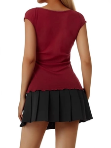 Women lace wine red short sleeve top with black pleated mini skirt back view