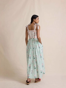 Women boho floral maxi dress with tie shoulders and smocked tiered patchwork design