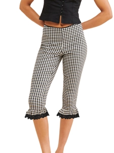 Women's plaid cropped leggings with lace trim and ruffle hem in black and white check