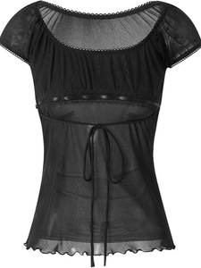Elegant black mesh lace top with bow drawstring waist and babydoll hem design