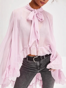 Women Sexy See-Through Chiffon Blouse Ruffle Flare Sleeve Tie Neck Summer Fashion Solid Color Long Sleeve Sheer Top