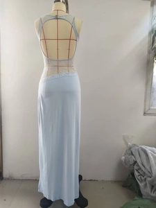 Sky blue backless long dress with lace stitching and halter neck slim fit design