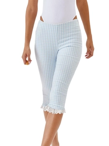 Light blue gingham cropped pants for women with elegant white lace ruffles at the hem