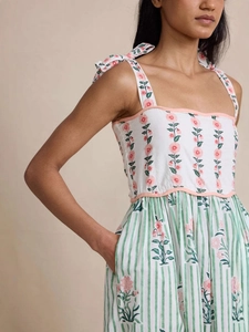 Bohemian floral maxi dress with tie shoulders, smocked bodice and tiered striped skirt