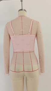 Detailed back view of pink sheer mesh long sleeve top with bow pattern and ruffle edges