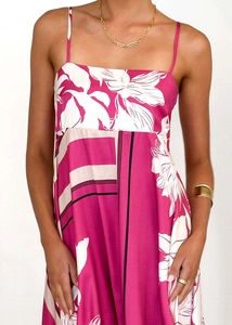 Detailed view of floral pink and white satin summer maxi dress with thin straps