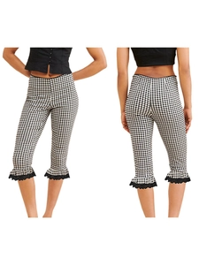 Women's gingham cropped leggings with elegant lace trim and ruffled hem detail