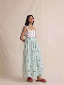 Bohemian floral maxi dress with tie shoulders and patchwork tiered skirt for women