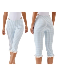 Women's light blue gingham capri pants with high waist and white lace trim hemline