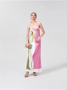 Abito Maxi da Donna Sexy Senza Spalline con Schiena Scoperta Stampa Floreale Astratta Effetto Raso Abito a Tubino per Cocktail Party Vacanze Estive