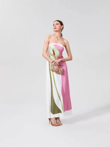 Abito lungo senza spalline da donna con stampa astratta e vestibilità slim per cocktail party