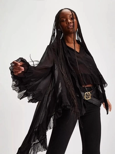 Sheer black chiffon blouse with ruffles and dramatic flare sleeves for summer fashion
