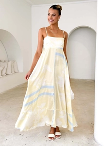 Detailed full view of high-waist A-line floral dress with thin straps and open back
