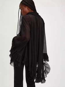 Women's black sheer chiffon blouse with flared tiered ruffles and elegant tie-front design