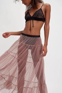 Detailed layered pink tulle skirt with dark heart patterns and elastic waistband