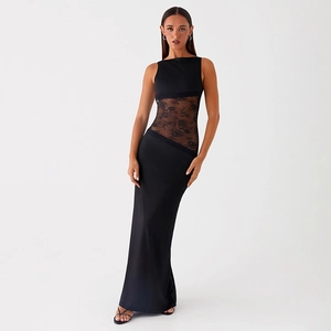 Detail of elegant black satin maxi dress featuring sexy floral lace cut-out at the waist