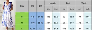 Size chart for V-neck floral sleeveless maxi dress with shoulder ties in blue and white print