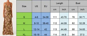 Detailed size chart for the leopard print backless maxi dress in S, M, L, and XL sizes
