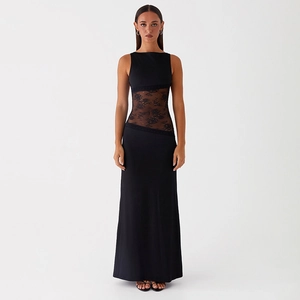 Detail of rose lace patchwork on slim fit black backless long dress for women
