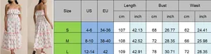 Detailed size chart with US and EU measurements for floral print sleeveless midi dress