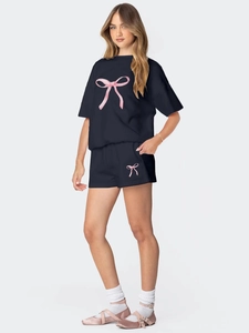 Ensemble Deux Pièces Femme Sweat-shirt Manches Courtes Large Nœud Imprimé Floral Haut et Short Décontracté Confortable Loungewear