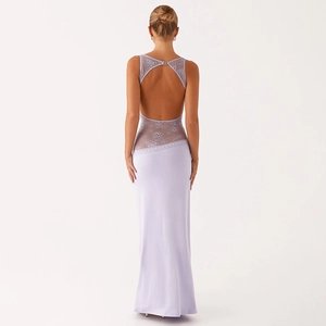 Detail of lavender slim-fit backless dress featuring intricate floral lace stitching