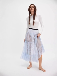 French Sweet Heart Print Mesh Tiered Maxi Skirt Women High Waist See Through Tulle Cake Skirt Long Swing Party Skirt