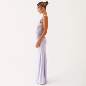 Detail showing lavender lace splicing and backless design on a slim satin maxi dress