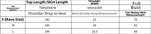 Size chart for slim-fit open-back dress with detailed measurements for S, M and L sizes