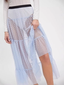 French style light blue mesh skirt with white heart pattern and layered tiered design
