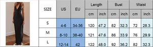 Size guide table for V-neck evening dress featuring measurements in centimeters and inches