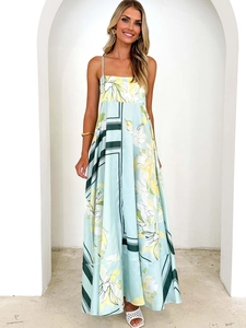 Sexy Women Floral Print Backless Spaghetti Strap Maxi A-Line Dress Satin High Waist Summer Beach Vacation Long Sundress