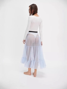French style polka dot mesh midi skirt with white long sleeve top on white background